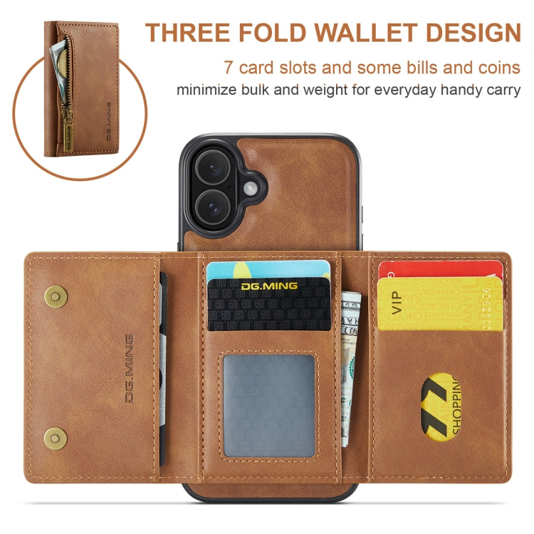 For iPhone 16 Plus DG.MING M5 Series Zip RFID Multi Card Detachable Leather Phone Case(Brown)