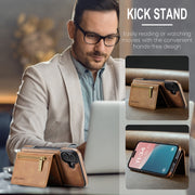 For iPhone 16 Plus DG.MING M5 Series Zip RFID Multi Card Detachable Leather Phone Case(Brown)