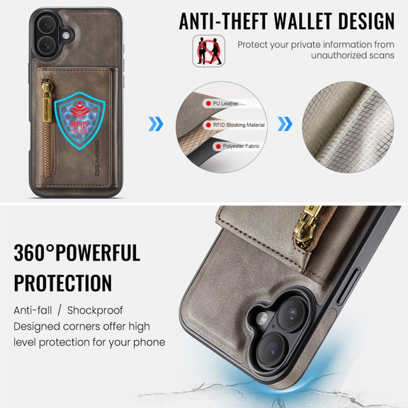 For iPhone 16 Plus DG.MING M5 Series Zip RFID Multi Card Detachable Leather Phone Case(Coffee)
