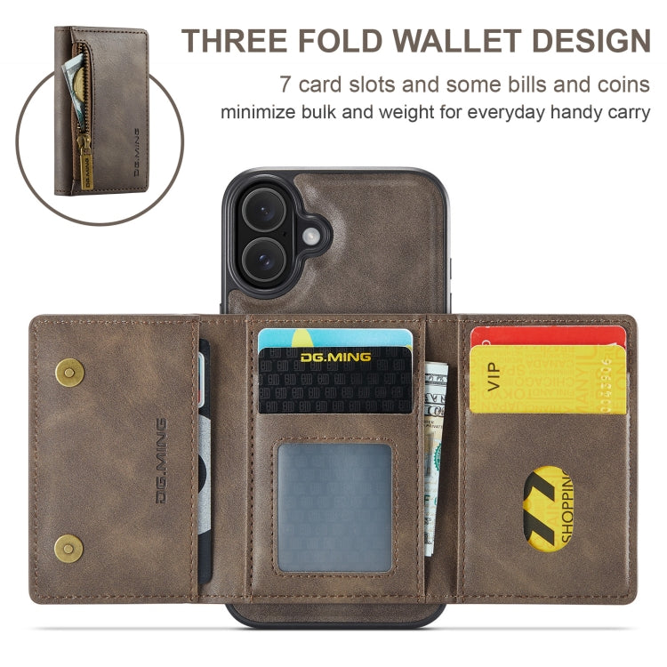 For iPhone 16 Plus DG.MING M5 Series Zip RFID Multi Card Detachable Leather Phone Case(Coffee)