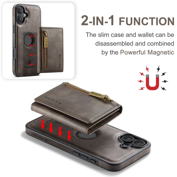 For iPhone 16 Plus DG.MING M5 Series Zip RFID Multi Card Detachable Leather Phone Case(Coffee)