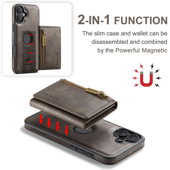 For iPhone 16 Plus DG.MING M5 Series Zip RFID Multi Card Detachable Leather Phone Case(Coffee)