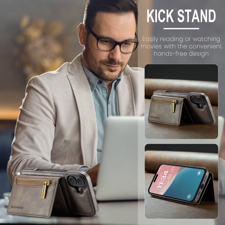 For iPhone 16 Plus DG.MING M5 Series Zip RFID Multi Card Detachable Leather Phone Case(Coffee)