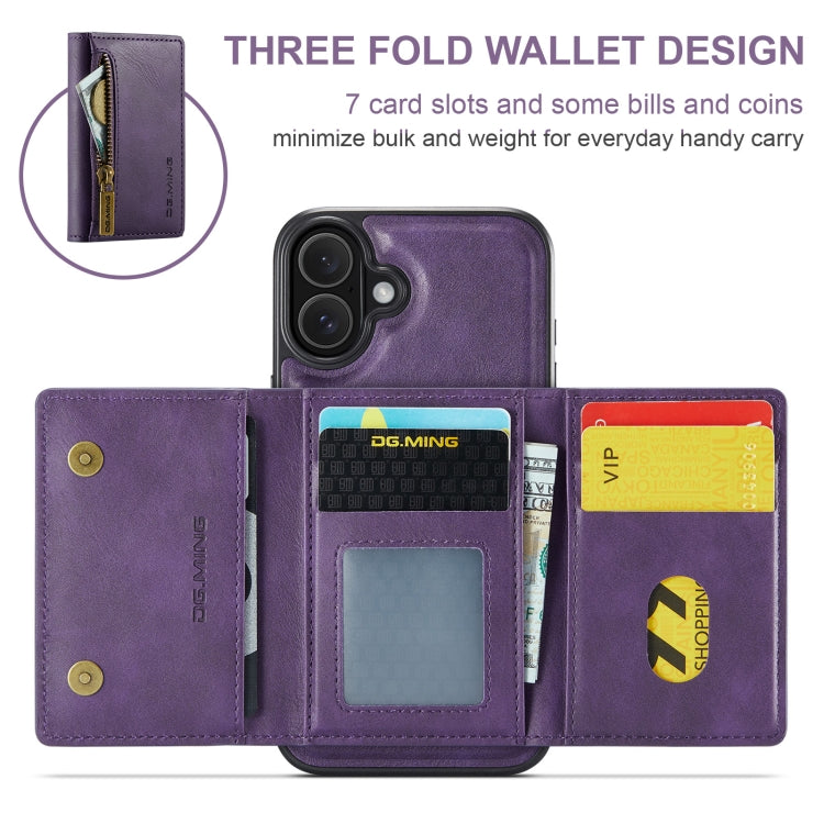 For iPhone 16 Plus DG.MING M5 Series Zip RFID Multi Card Detachable Leather Phone Case(Purple)