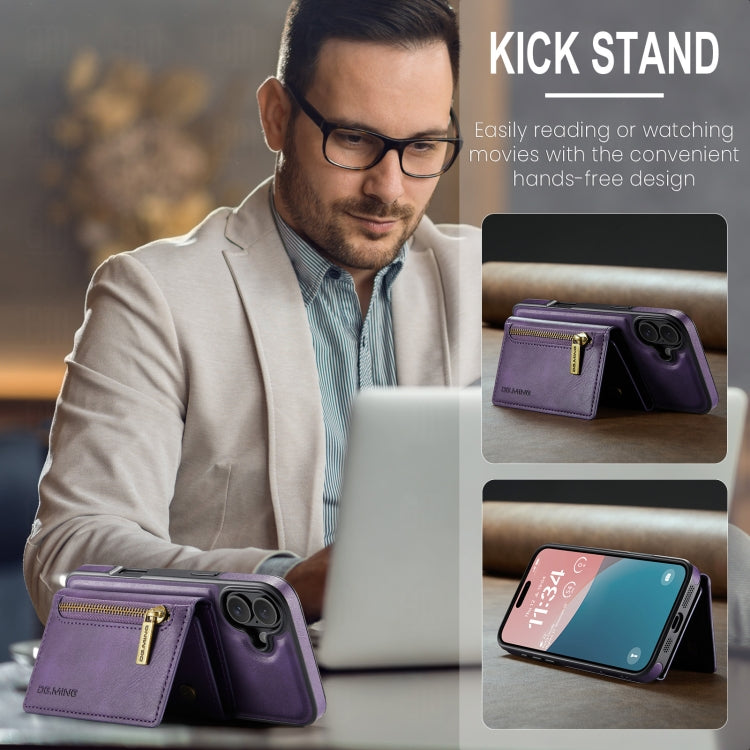 For iPhone 16 Plus DG.MING M5 Series Zip RFID Multi Card Detachable Leather Phone Case(Purple)
