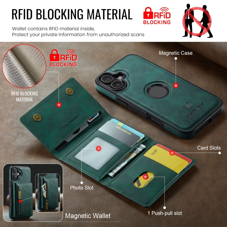 For iPhone 16 Plus DG.MING M5 Series Zip RFID Multi Card Detachable Leather Phone Case(Green)