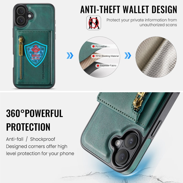 For iPhone 16 Plus DG.MING M5 Series Zip RFID Multi Card Detachable Leather Phone Case(Green)