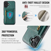 For iPhone 16 Plus DG.MING M5 Series Zip RFID Multi Card Detachable Leather Phone Case(Green)