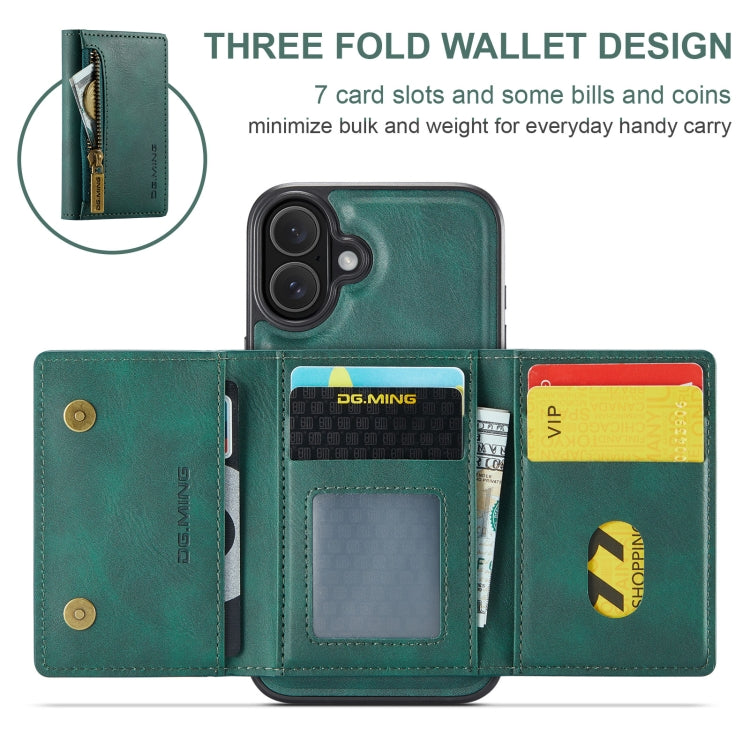 For iPhone 16 Plus DG.MING M5 Series Zip RFID Multi Card Detachable Leather Phone Case(Green)