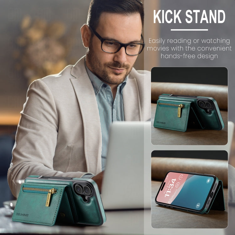 For iPhone 16 Plus DG.MING M5 Series Zip RFID Multi Card Detachable Leather Phone Case(Green)