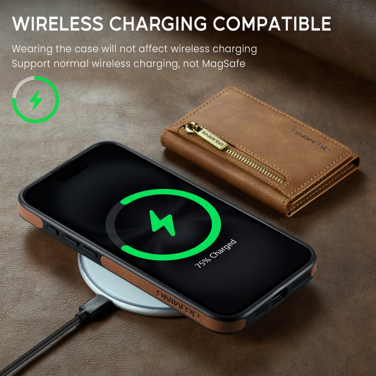 For iPhone 16 DG.MING M5 Series Zip RFID Multi Card Detachable Leather Phone Case(Brown)