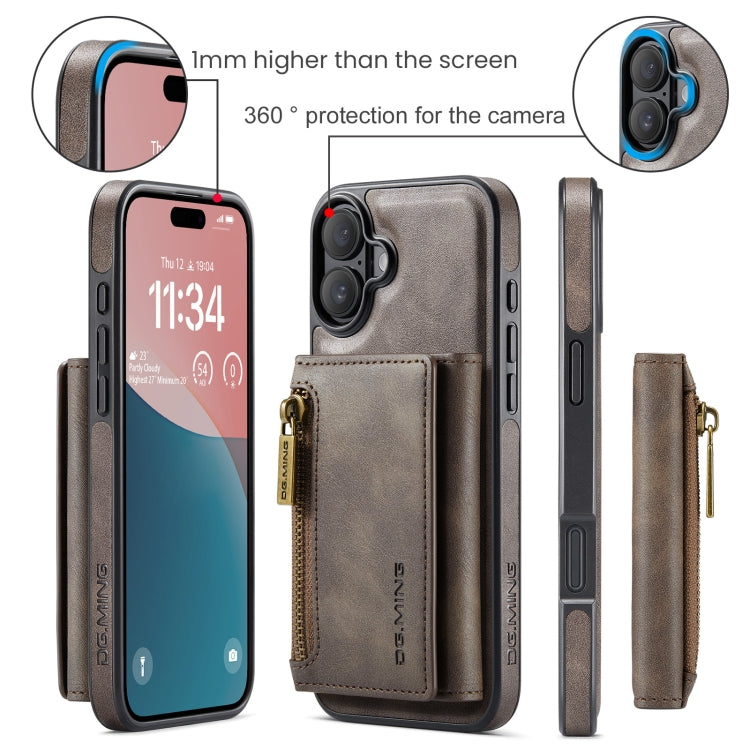 For iPhone 16 DG.MING M5 Series Zip RFID Multi Card Detachable Leather Phone Case(Coffee)