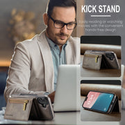 For iPhone 16 DG.MING M5 Series Zip RFID Multi Card Detachable Leather Phone Case(Coffee)