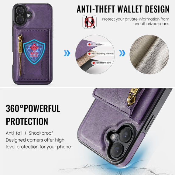 For iPhone 16 DG.MING M5 Series Zip RFID Multi Card Detachable Leather Phone Case(Purple)