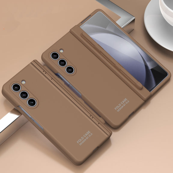For Samsung Galaxy Z Fold5 Extraordinary Series Hinged Folding Full Phone Case with Pen Slot & Stylus(Coffee)