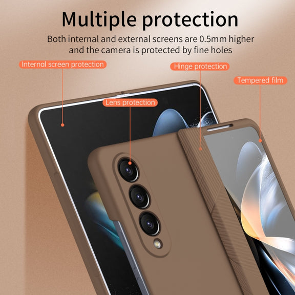 For Samsung Galaxy Z Fold4 5G Extraordinary Series Hinged Folding Full Phone Case with Pen Slot & Stylus(Coffee)