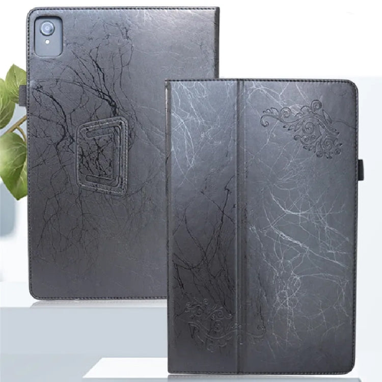 For TCL NxtPaper 11 Flower Embossed Leather Tablet Case with Handrest Strap & Pen Slot(Black)
