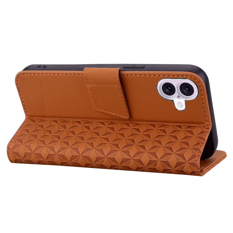 For iPhone 16 Business Diamond Buckle Leather Phone Case with Lanyard(Brown)