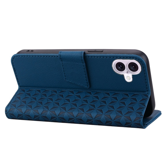For iPhone 16 Business Diamond Buckle Leather Phone Case with Lanyard(Royal Blue)
