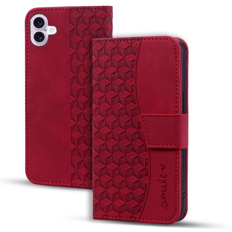 For iPhone 16 Plus Business Diamond Buckle Leather Phone Case with Lanyard(Wine Red)