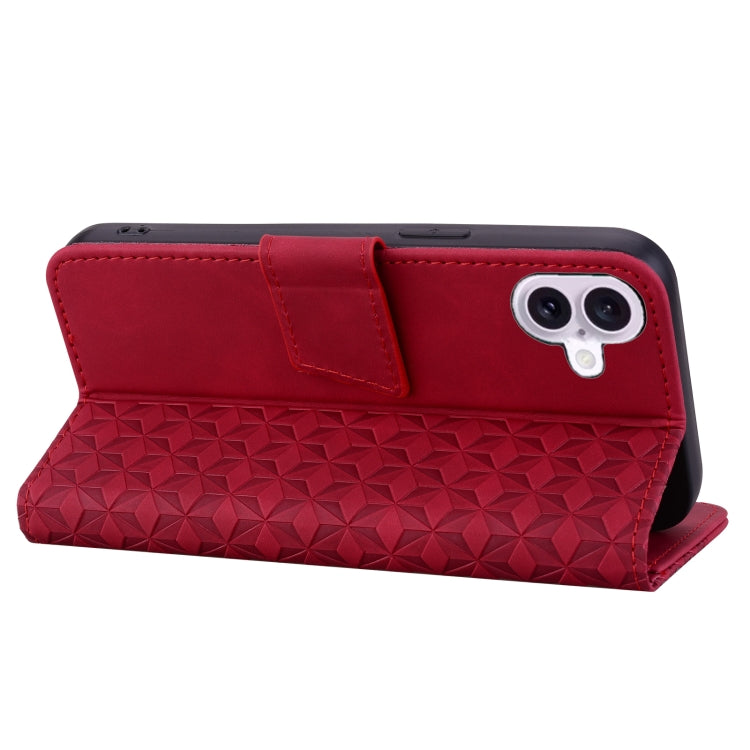 For iPhone 16 Plus Business Diamond Buckle Leather Phone Case with Lanyard(Wine Red)