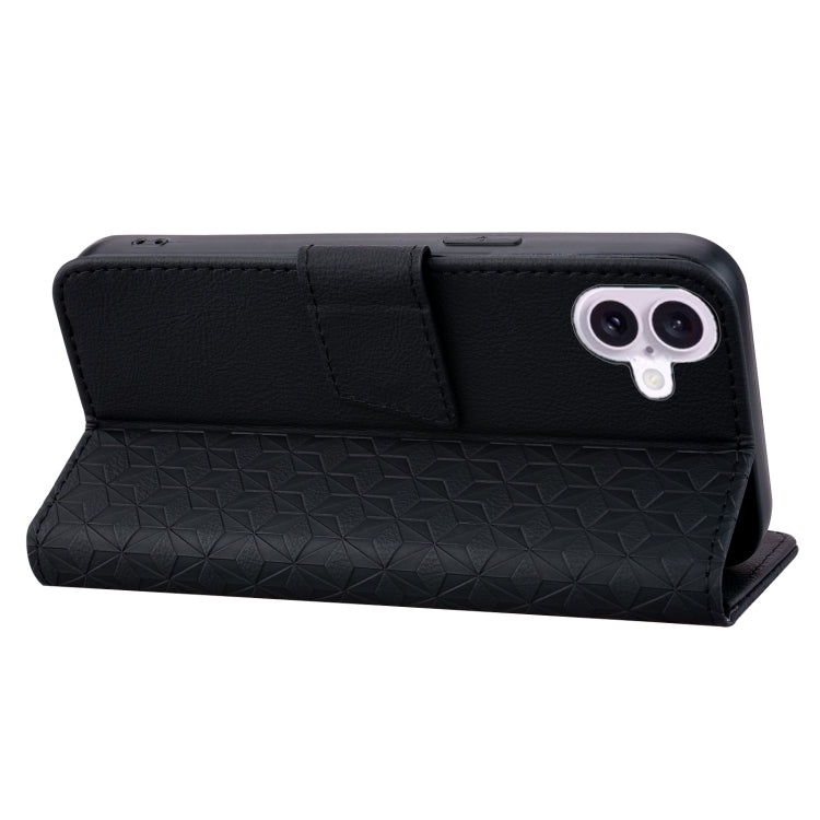For iPhone 16 Plus Business Diamond Buckle Leather Phone Case with Lanyard(Black)