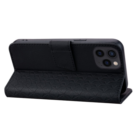 For iPhone 16 Pro Business Diamond Buckle Leather Phone Case with Lanyard(Black)