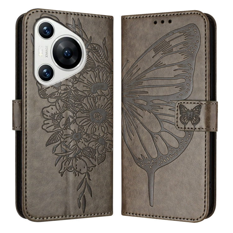 For Huawei Pura 70 Embossed Butterfly Leather Phone Case(Grey)
