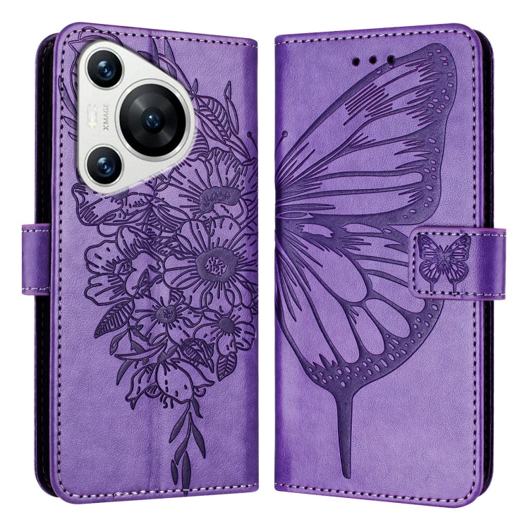 For Huawei Pura 70 Embossed Butterfly Leather Phone Case(Purple)