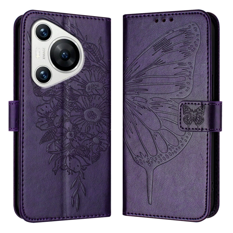 For Huawei Pura 70 Embossed Butterfly Leather Phone Case(Dark Purple)