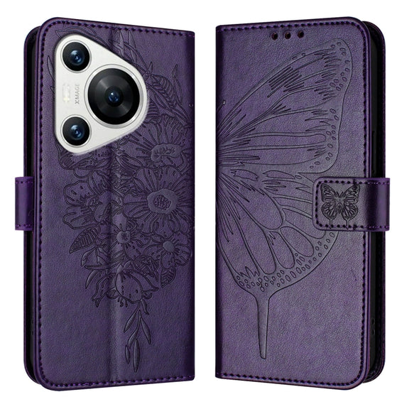 For Huawei Pura 70 Embossed Butterfly Leather Phone Case(Dark Purple)