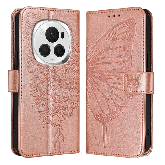 For Honor Magic6 Pro 5G Global Embossed Butterfly Leather Phone Case(Rose Gold)