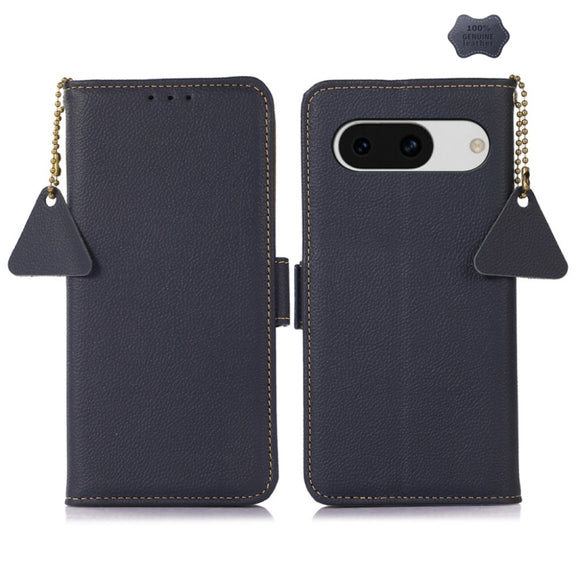 For Google Pixel 8A Side-Magnetic TJ Genuine Leather RFID Phone Case(Blue)