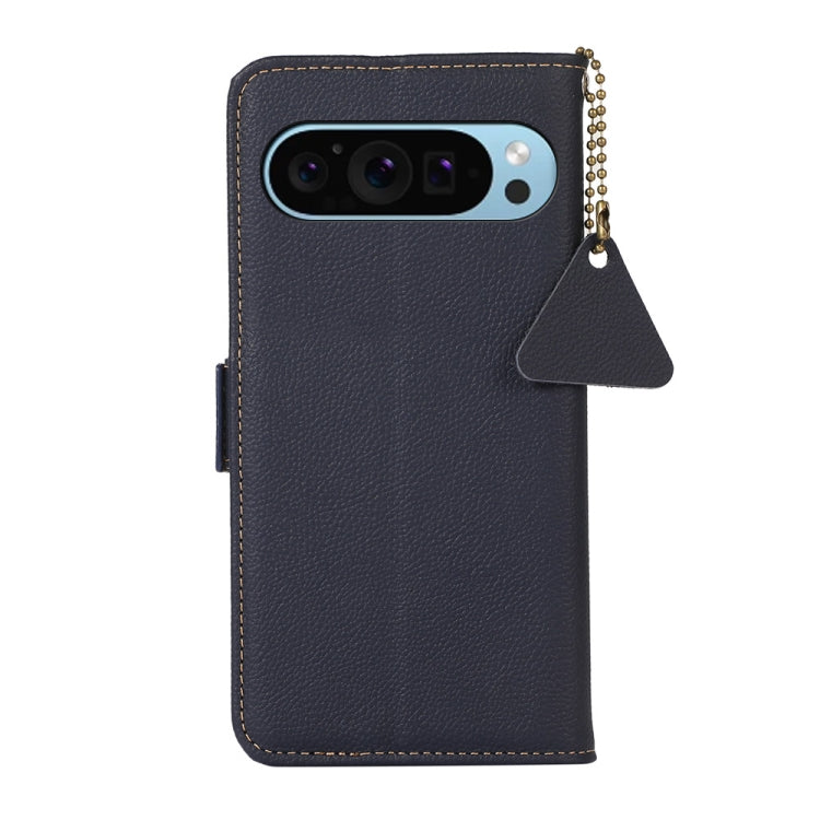 For Google Pixel 9 Side-Magnetic TJ Genuine Leather RFID Phone Case(Blue)