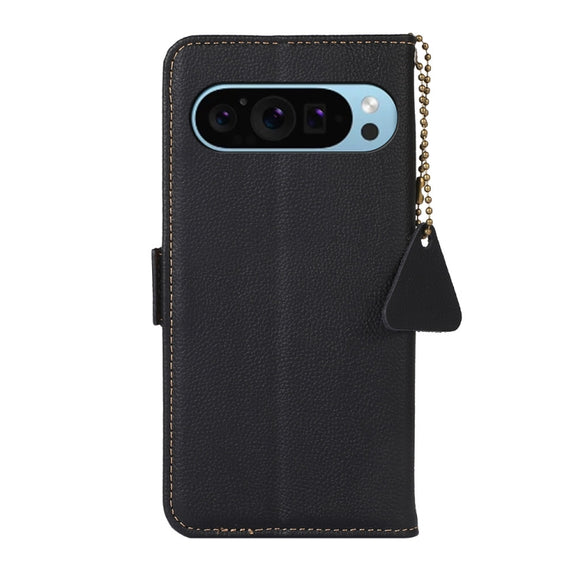 For Google Pixel 9 Side-Magnetic TJ Genuine Leather RFID Phone Case(Black)