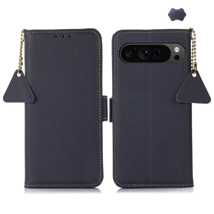 For Google Pixel 9 Pro Side-Magnetic TJ Genuine Leather RFID Phone Case(Blue)