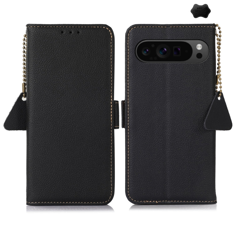 For Google Pixel 9 Pro Side-Magnetic TJ Genuine Leather RFID Phone Case(Black)