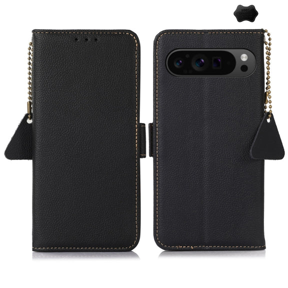 For Google Pixel 9 Pro Side-Magnetic TJ Genuine Leather RFID Phone Case(Black)