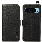 For Google Pixel 9 KHAZNEH Side-Magnetic Litchi Genuine Leather RFID Phone Case(Black)