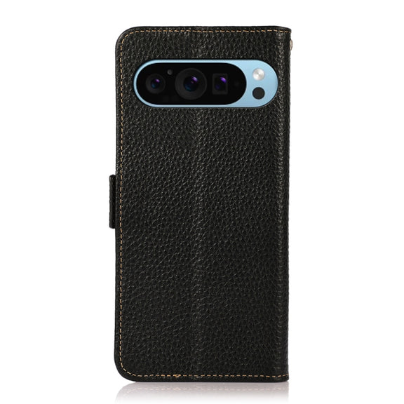 For Google Pixel 9 KHAZNEH Side-Magnetic Litchi Genuine Leather RFID Phone Case(Black)