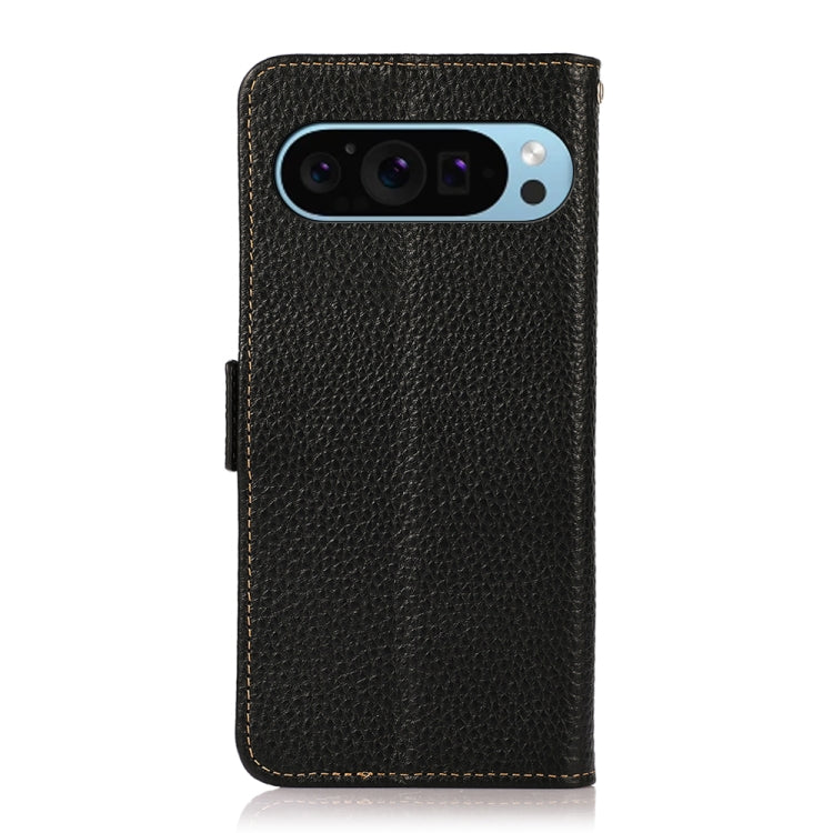 For Google Pixel 9 KHAZNEH Side-Magnetic Litchi Genuine Leather RFID Phone Case(Black)