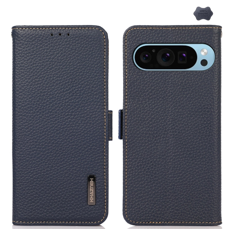 For Google Pixel 9 KHAZNEH Side-Magnetic Litchi Genuine Leather RFID Phone Case(Blue)