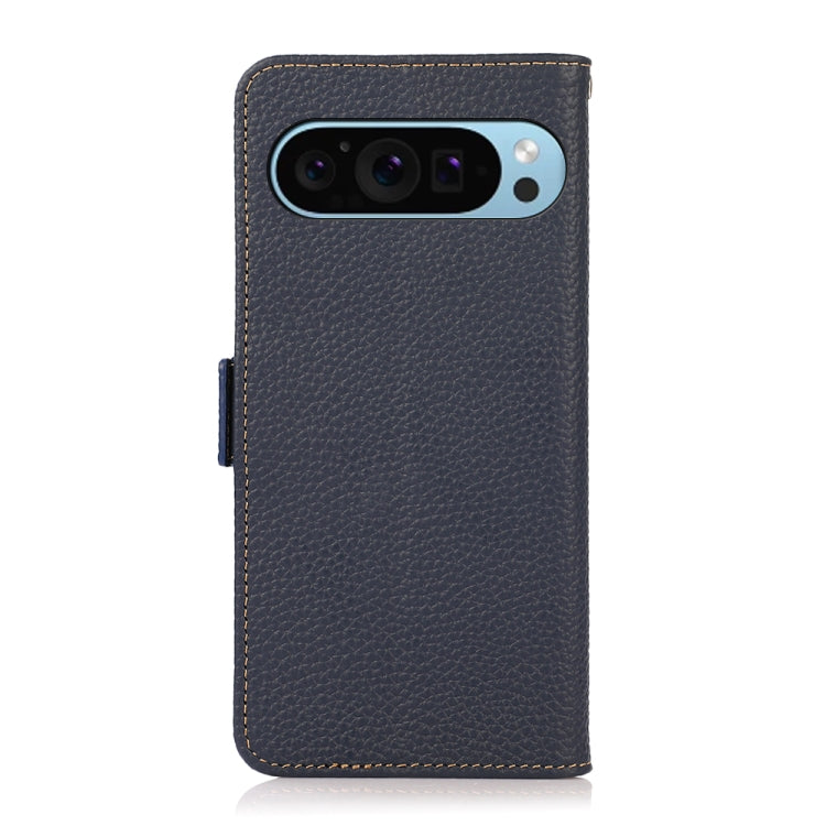 For Google Pixel 9 KHAZNEH Side-Magnetic Litchi Genuine Leather RFID Phone Case(Blue)