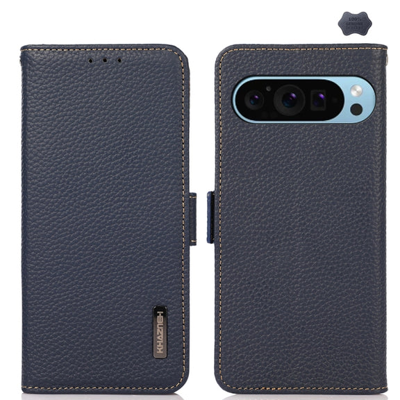 For Google Pixel 9 KHAZNEH Side-Magnetic Litchi Genuine Leather RFID Phone Case(Blue)