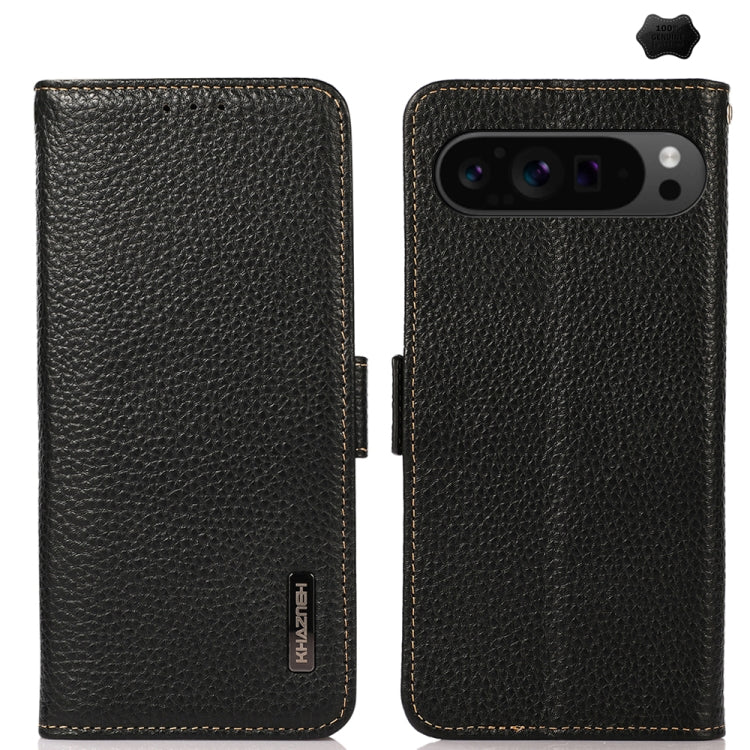 For Google Pixel 9 Pro KHAZNEH Side-Magnetic Litchi Genuine Leather RFID Phone Case(Black)