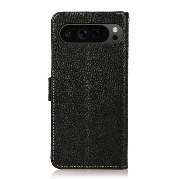 For Google Pixel 9 Pro KHAZNEH Side-Magnetic Litchi Genuine Leather RFID Phone Case(Black)