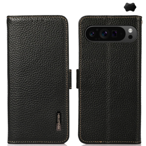 For Google Pixel 9 Pro KHAZNEH Side-Magnetic Litchi Genuine Leather RFID Phone Case(Black)