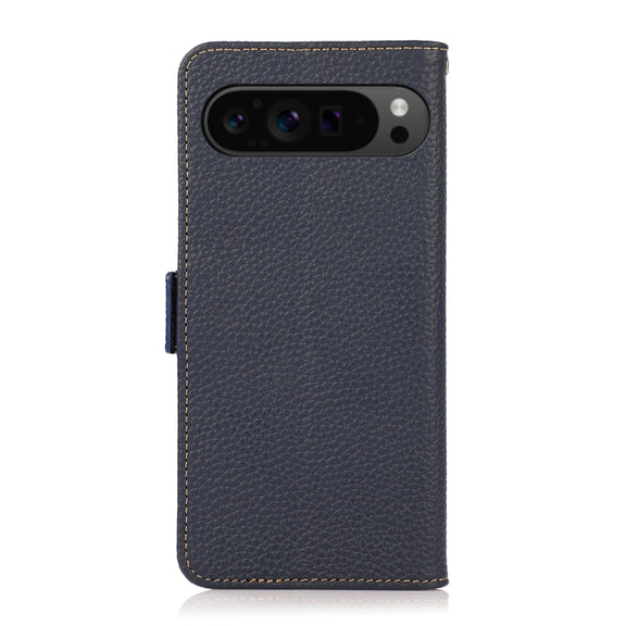 For Google Pixel 9 Pro KHAZNEH Side-Magnetic Litchi Genuine Leather RFID Phone Case(Blue)