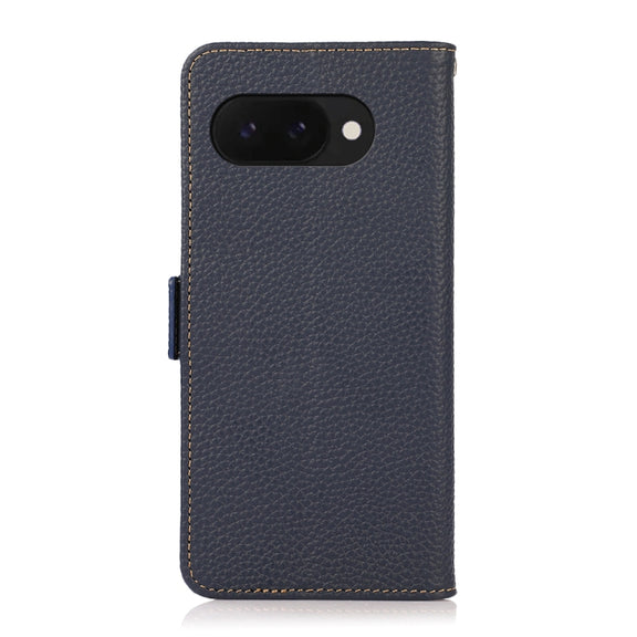 For Google Pixel 9a KHAZNEH Side-Magnetic Litchi Genuine Leather RFID Phone Case(Blue)