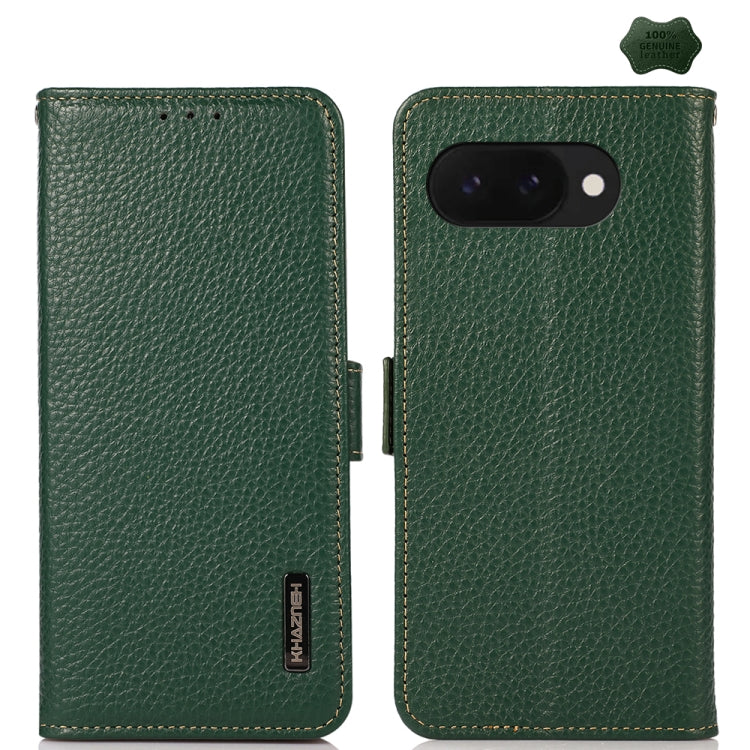 For Google Pixel 9a KHAZNEH Side-Magnetic Litchi Genuine Leather RFID Phone Case(Green)
